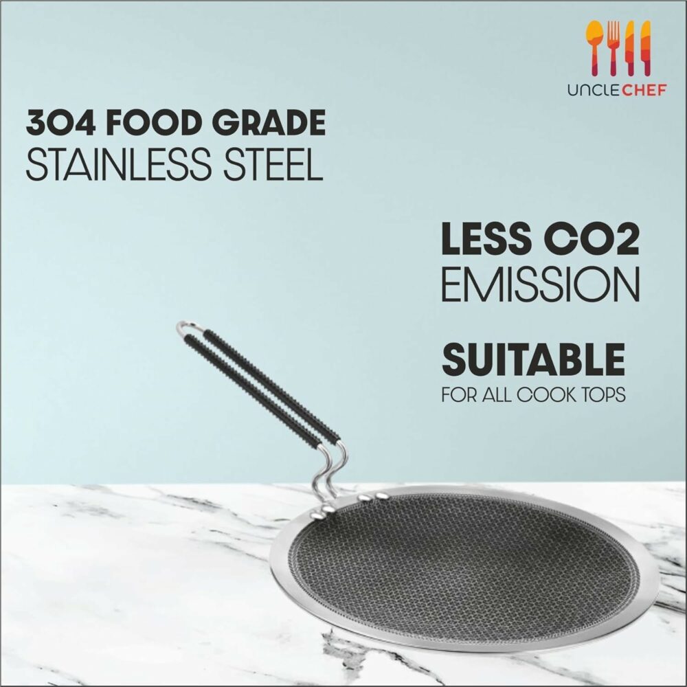 Sanskriti Exports Triply Stainless Steel Non Stick Tawa | Tri Ply Dosa Tawa | Stainless Steel Scratch Resistant Honey Comb Shape Coating roti and prantha tawa 25 cm - Image 4