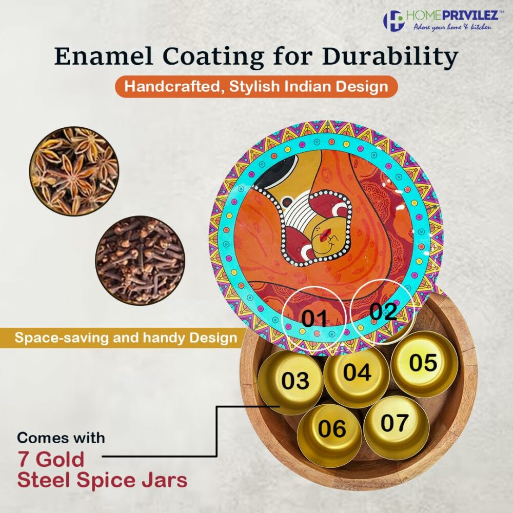 Sanskriti Exports Wooden Spice Box/Masala Dabba/Masala Dani Set for Kitchen with Printed Ethnic Design on Wood with Seven Gold Steel Spice Jars ? 8 Pcs set (9 inch Dia, Red) - Image 6
