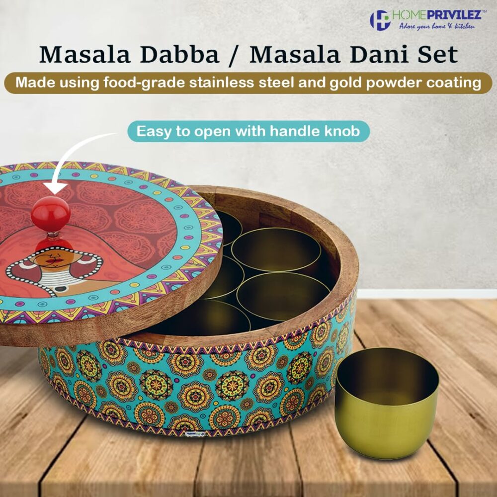 Sanskriti Exports Wooden Spice Box/Masala Dabba/Masala Dani Set for Kitchen with Printed Ethnic Design on Wood with Seven Gold Steel Spice Jars ? 8 Pcs set (9 inch Dia, Red) - Image 4