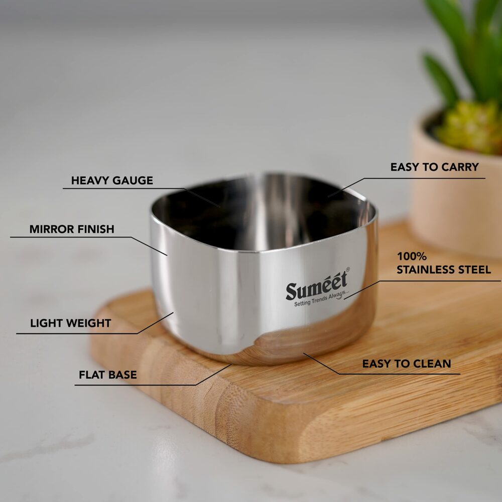 Sanskriti Exports Heavy Gauge Stainless Steel Square Bowl/Wati/Katori with Mirror Finish ? 6.5cm & 7cm Dia, set of 12pc, 150ML & 200ML Each - Silver - Image 2