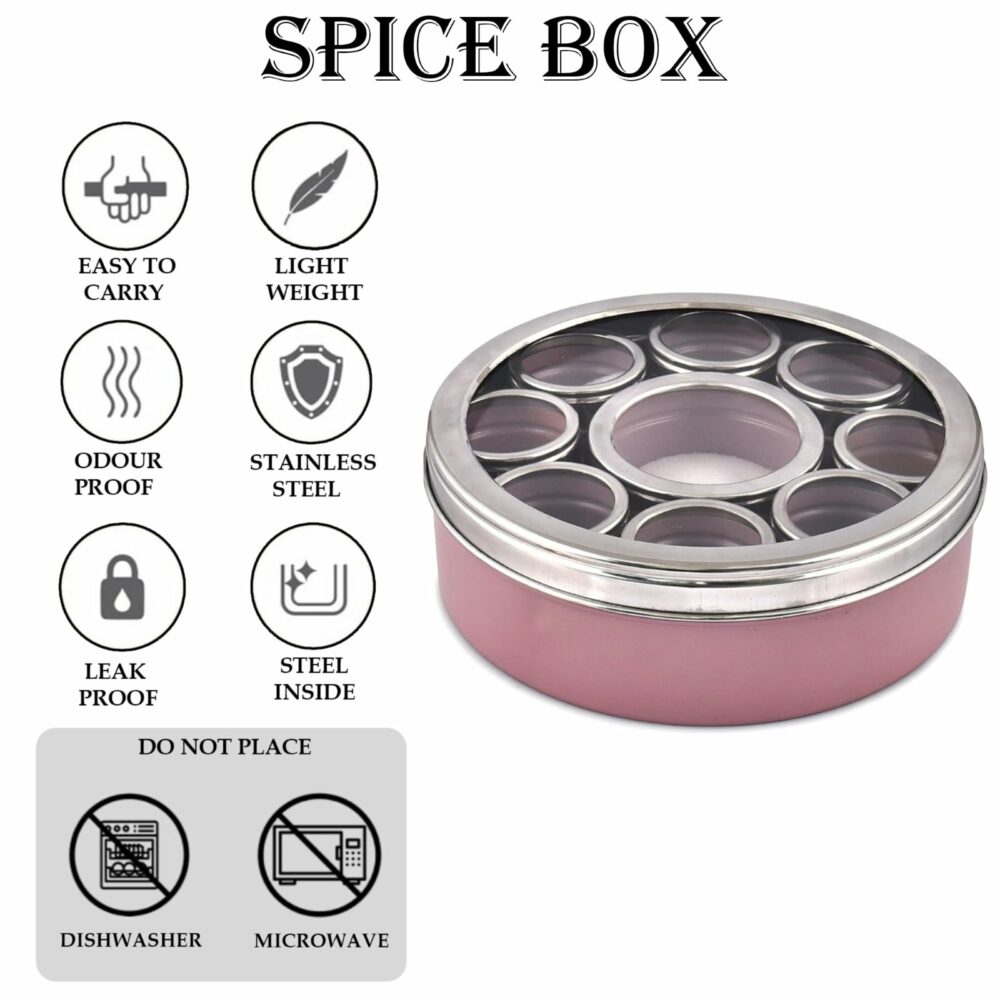 Sanskriti Exports Stainless Steel Masala Box | Spice Storage Container | Masala Dani With 9 Containers and Small Spoon | Masala Dabba For Kitchen See Through Lid | Kitchen Spice Organiser (Mauve) - Image 4