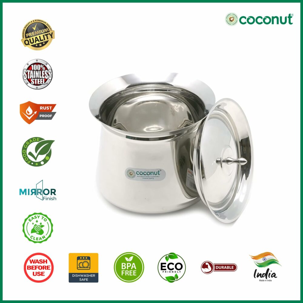 Coconut Stainless Steel Handi with Lid ? Heavy Duty Casserole Pot for Indian Cooking, Gas & Induction Compatible, Mirror Finish, Rust-Resistant Cookware | Pack of 1 | 750 ml - Image 3