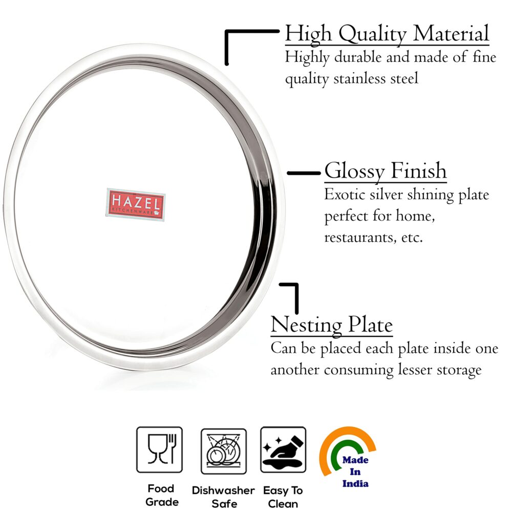 Sanskriti Exports Stainless Steel Plates Set | 25 cm Mirror Finish Thali Set Stainless Steel | Steel Plates Set for Dinner & Lunch, Set of 6 - Image 3