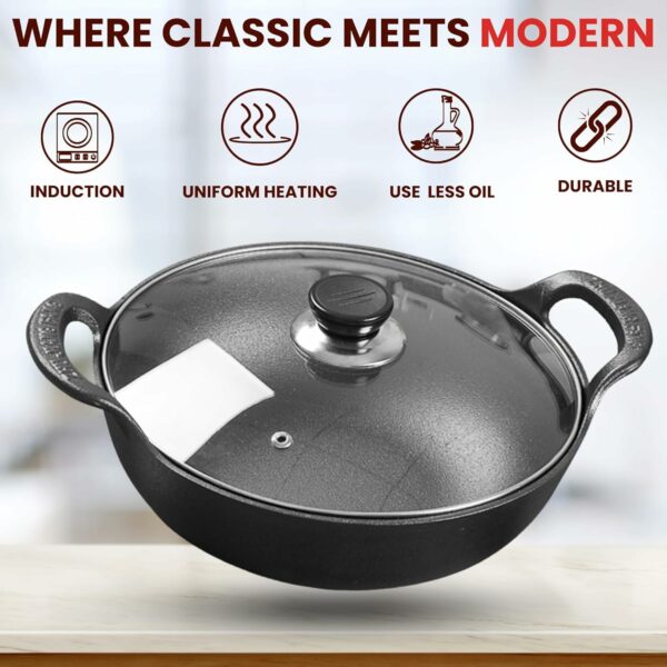 Sanskriti Exports Cast Iron Kadai with Lid/Pre Seasoned Iron Kadai with 2 Handles and Flat Base/Iron Kadhai for Cooking/Uncoated Wok for Electric Induction (with Glass Lid 27cm)