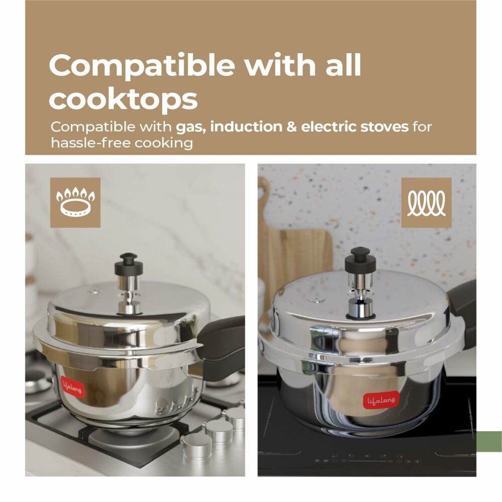 Lifelong Stainless Steel Pressure Cooker 2L | Induction & Gas Stove Compatible with Outer Lid, ISI Certified & Lock System |Safe & Durable Kitchen Essential with 5 Years Warranty (Silver) - Image 3