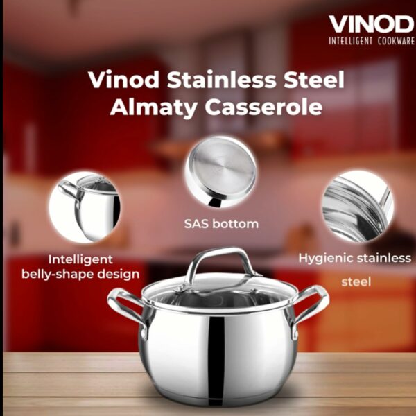 Vinod Stainless Steel 2 Piece Almaty Sauce Pot with Glass Lid -Diameter 14 & 16 cm, Capacity 1.3 & 2 Litre (Induction and Gas Stove Friendly), 2 Years Warranty, Silver