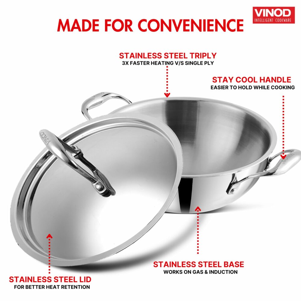 Vinod Platinum Triply Stainless Steel Extra Deep Kadai with Stainless Steel Lid 3 2 litres Capacity (24 cm Diameter) | 24 cm Triply Stainless Steel Kadai, Silver (Induction and Gas Stove Friendly) - Image 6