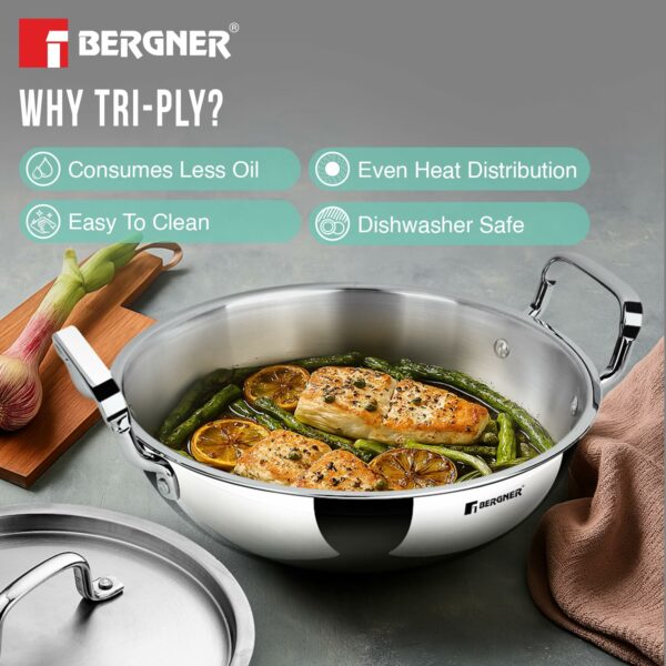 Sanskriti Exports Tripro Triply Stainless Steel Deep Kadai/Indian Wok with Lid, 22 cm, 2 5 litres, Durable Stay Cool Cast Handles, Flared Rim, Heavy Bottom, Induction and Gas Ready, Metal Spatual Friendly - Image 5