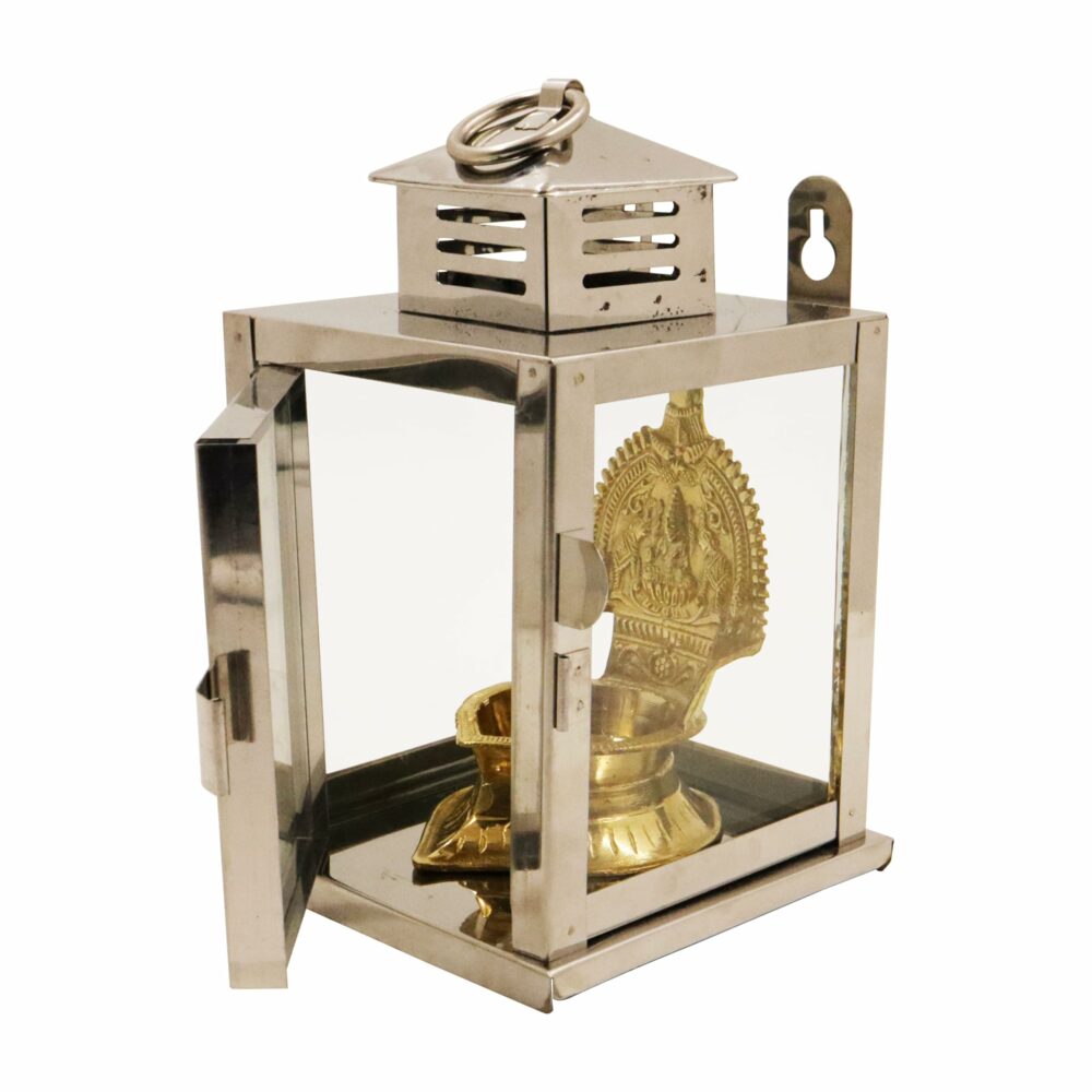 Spillbox Stainless Steel Wall Mounted Oil Lamp with Glass Cover | Deepam Glass Cover| Diya Protector from Wind- Hanging Diya Lantern (Small) Silver - Image 2