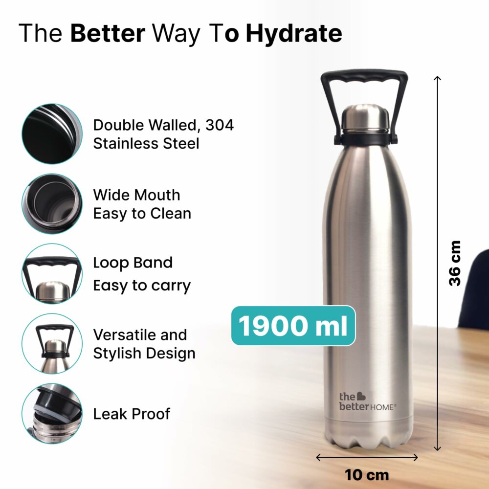 The Better Home Insulated Water Bottle 1900 ml| BPA Free Stainless Steel Double Wall Insulated Bottle | Hot and Cold Water Bottle | Thermos Flask for Adults & Kids (Pack of 1, Silver) - Image 3