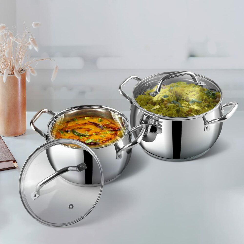 Vinod Stainless Steel 2 Piece Almaty Sauce Pot with Glass Lid -Diameter 14 & 16 cm, Capacity 1.3 & 2 Litre (Induction and Gas Stove Friendly), 2 Years Warranty, Silver - Image 2