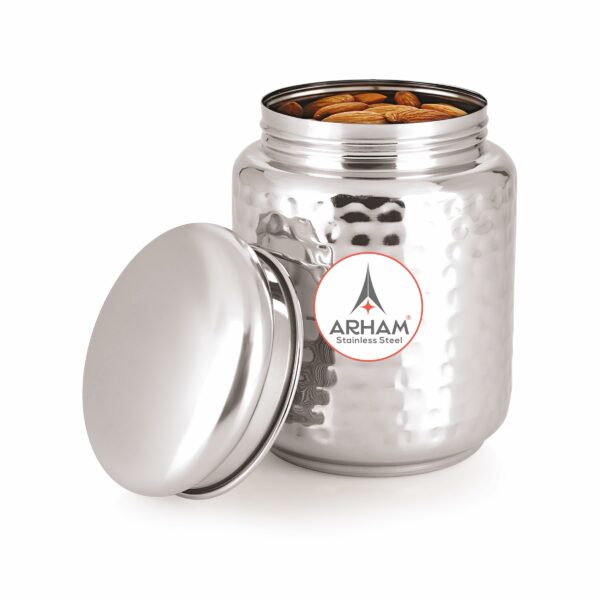Sanskriti Exports Stainless Steel Hammered Pearl Canister with Thread Lock Lid | Food Grade Heavy Gauge Multipurpose Airtight Storage Jar | Container or Dabba for Kitchen (Pack of 1, 1500 ml) - Image 5