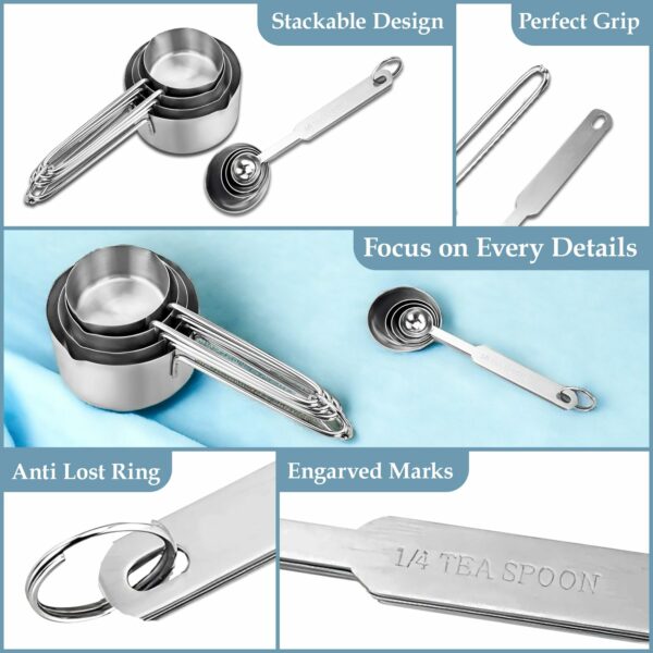 Sanskriti Exports Stainless Steel Measuring Cups & Spoon Combo for Dry or Liquid/Kitchen Gadgets/Cooking & Baking/Stackable Professional Measuring Cup Set with Measurement Handles (WH,Set of 4 Cups & 4 Spoons)