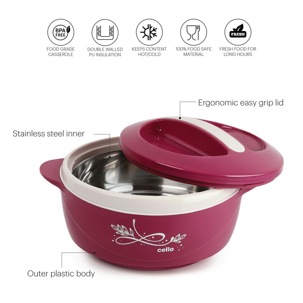 Cello Sapphire Insulated Inner Steel Casserole for Roti, 1250ml, Pink | Sanskriti Exports | Sanskriti Exports | Chapati Box | Locks in The Cold & Heat for Long | Serving Bowl with Lid - Image 4