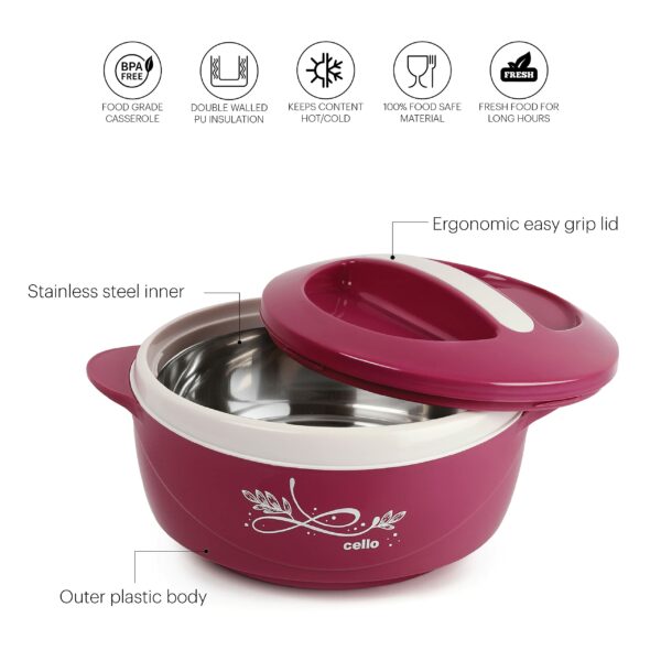 Cello Sapphire Insulated Inner Steel Casserole for Roti, 1250ml, Pink | Sanskriti Exports | Sanskriti Exports | Chapati Box | Locks in The Cold & Heat for Long | Serving Bowl with Lid