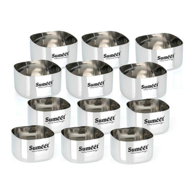 Sanskriti Exports Heavy Gauge Stainless Steel Square Bowl/Wati/Katori with Mirror Finish ? 6.5cm & 7cm Dia, set of 12pc, 150ML & 200ML Each - Silver
