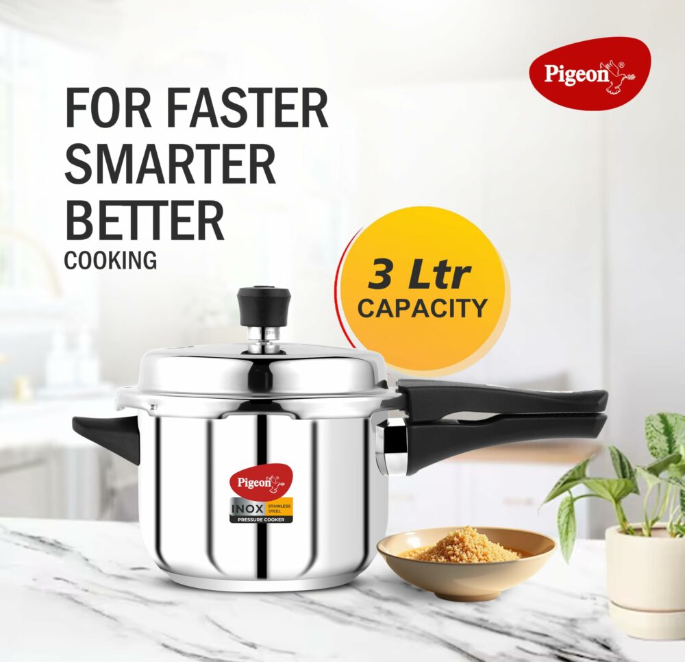 Pigeon by Stovekraft Inox Stainless Steel Pressure Cooker with Outer Lid, Compatible for Gas Stove and Induction, 3 Litre, Silver - Image 2