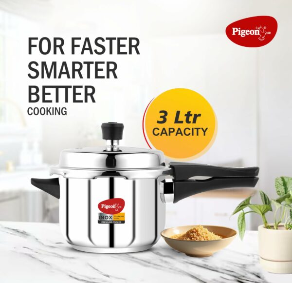 Pigeon by Stovekraft Inox Stainless Steel Pressure Cooker with Outer Lid, Compatible for Gas Stove and Induction, 3 Litre, Silver
