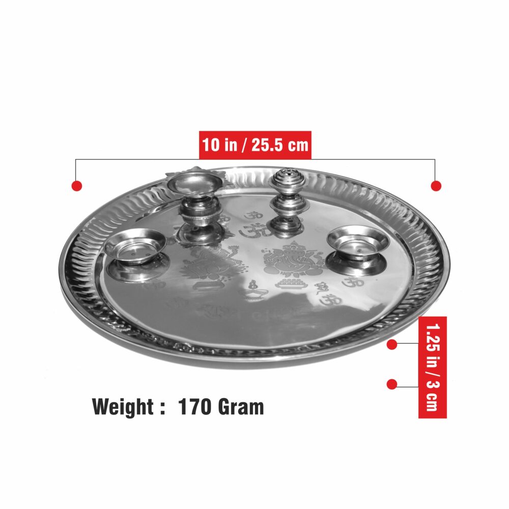 Sanskriti Exports Handcrafted Engraved Lakshmi & Ganesh Stainless Steel Puja Aarti Thali Set, Religious Return Gift Item, 10-inch Pooja Thali with 1pc Diya, Agarbatti Holder & 2pcs Kumkum Wati - Image 2