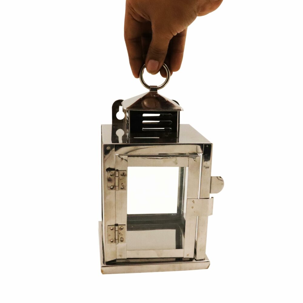 Spillbox Stainless Steel Wall Mounted Oil Lamp with Glass Cover | Deepam Glass Cover| Diya Protector from Wind- Hanging Diya Lantern (Small) Silver - Image 3