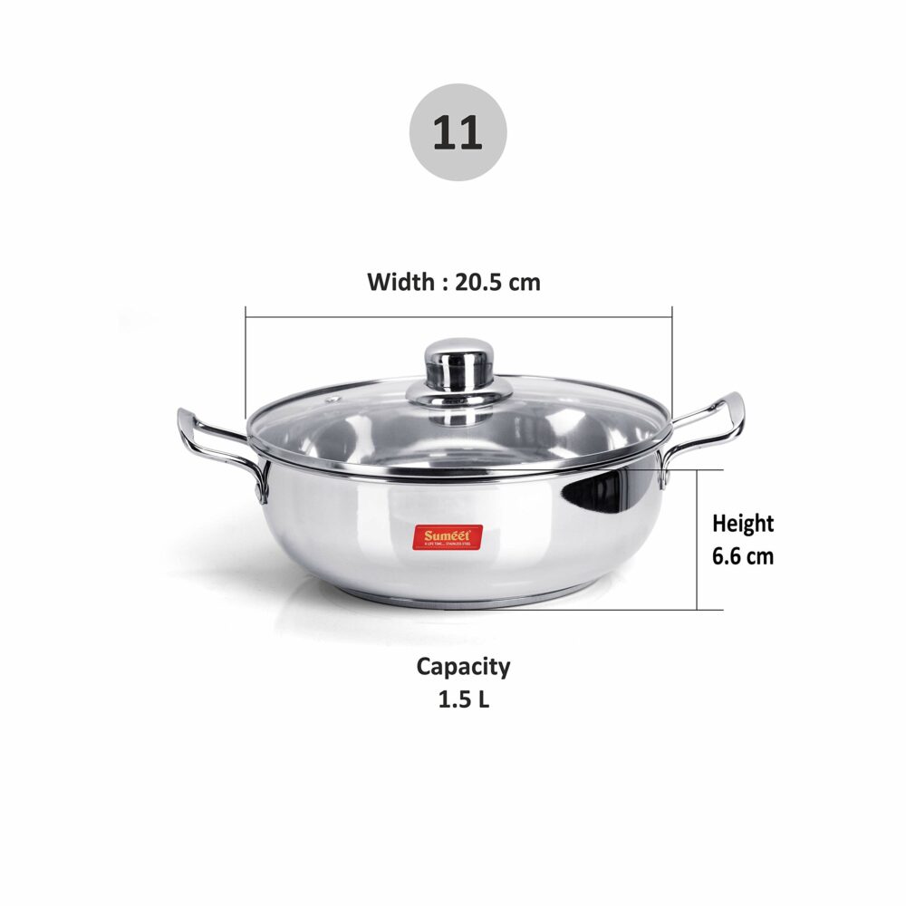 Sanskriti Exports stainless steel kadhai with glass lid 1 5 litres capacity 20 5 x 20 5 x 6 6 Centimeters 2 piece (Induction and Gas Stove Friendly) - Image 3