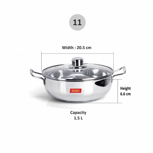 Sanskriti Exports stainless steel kadhai with glass lid 1 5 litres capacity 20 5 x 20 5 x 6 6 Centimeters 2 piece (Induction and Gas Stove Friendly)