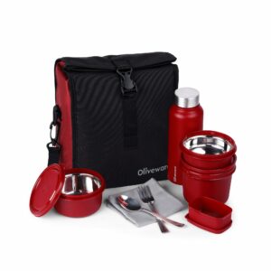 Sanskriti Exports Teso Elite Pro Lunch Box with Steel Cutlery, BPA Free Lids, Microwave Safe, Inside Steel Containers (290ml, 450ml & 600ml), Plastic Pickle Box (130ml), Steel Water Bottle (750ml) - Mahro