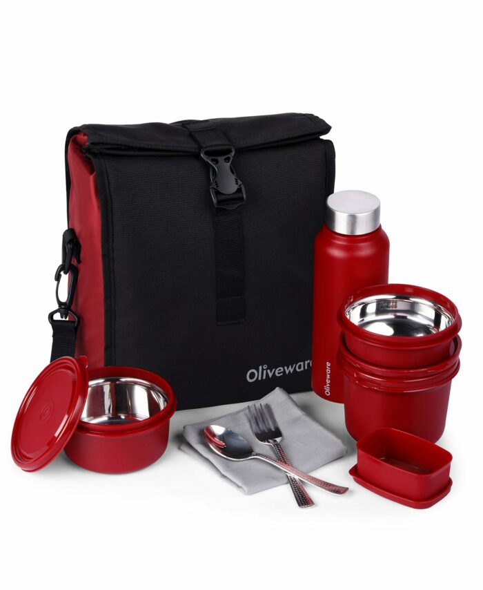 Sanskriti Exports Teso Elite Pro Lunch Box with Steel Cutlery, BPA Free Lids, Microwave Safe, Inside Steel Containers (290ml, 450ml & 600ml), Plastic Pickle Box (130ml), Steel Water Bottle (750ml) - Mahro