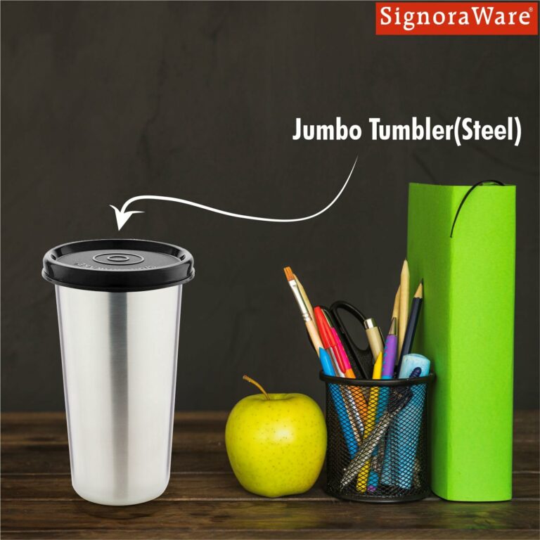 SignoraWare Stainless Steel Tumbler with Lid | Air Tight Leak Proof Glass Tumblers for Office Gym Yoga Hiking Trekking Travel Home Kitchen (450ml), Set of 1, Black