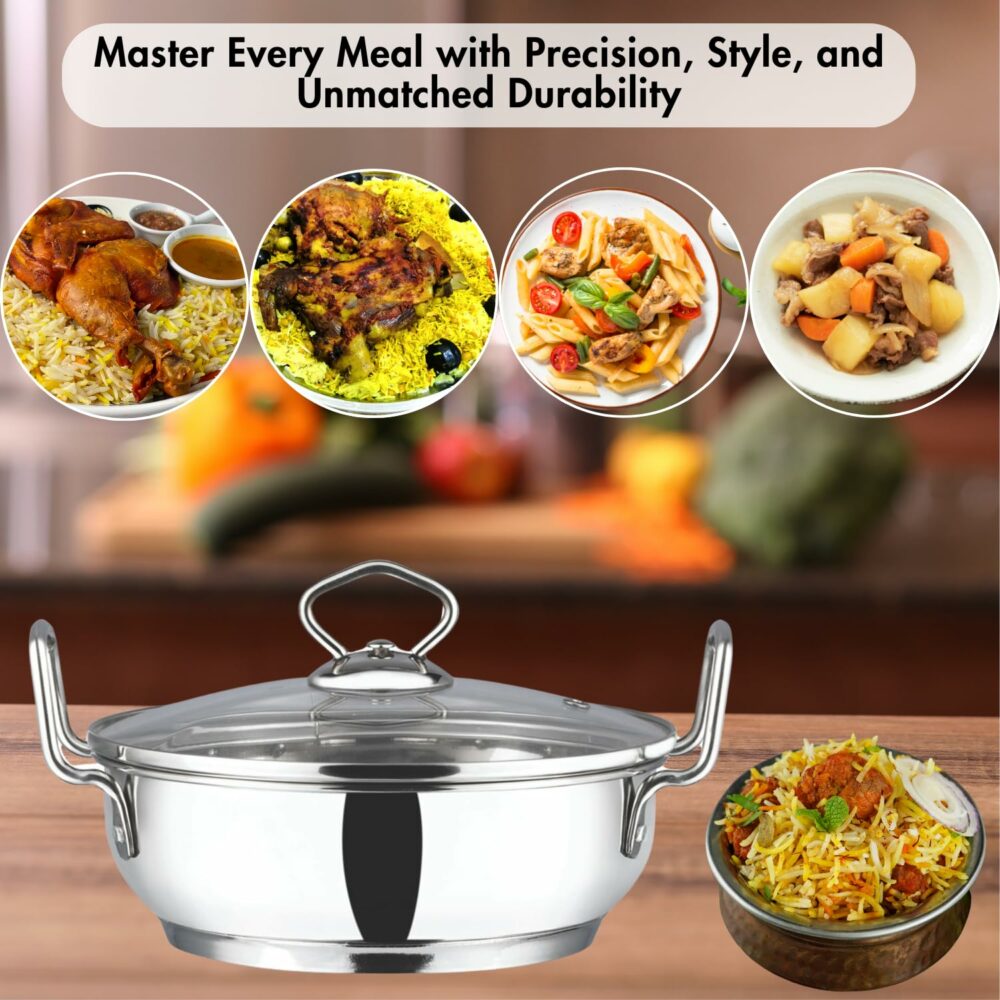 Vinod Stainless Steel Kadhai with Glass Lid - 2 7 Litre, 24cm | Extra Thick, SAS Heavy Bottom | Kadai for Cooking | Induction and Gas Base | 2 Year Warranty - Silver - Image 4