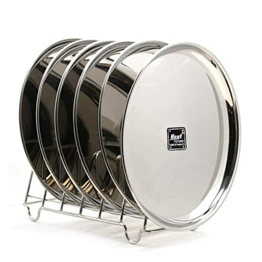 Next Future Stainless Steel Breakfast/Lunch/Dinner Plate Set of 6 with High Shiny Polish (Heavy Gauge) Medium Size Round Sanskriti Exports Thali - Diameter: 9 Inches/ 23 cms