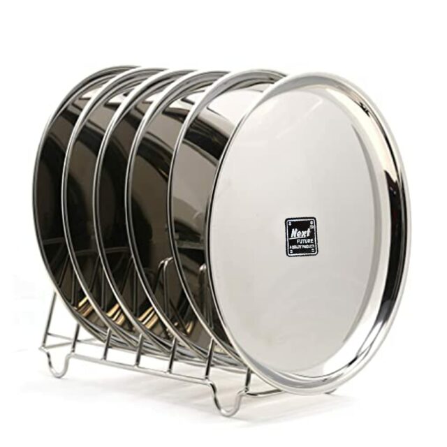 Next Future Stainless Steel Breakfast/Lunch/Dinner Plate Set of 6 with High Shiny Polish (Heavy Gauge) Medium Size Round Sanskriti Exports Thali - Diameter: 9 Inches/ 23 cms