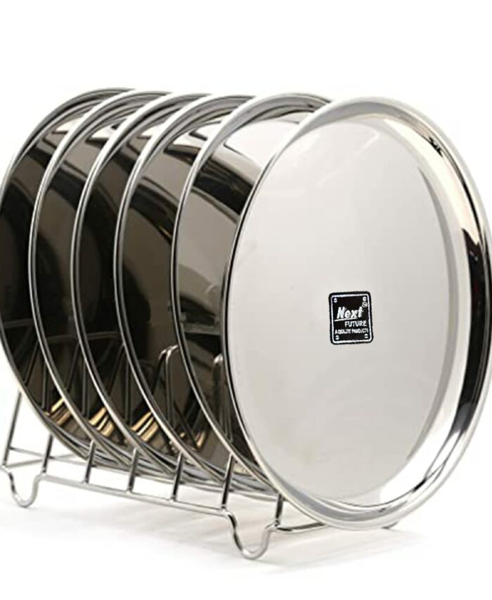 Next Future Stainless Steel Breakfast/Lunch/Dinner Plate Set of 6 with High Shiny Polish (Heavy Gauge) Medium Size Round Sanskriti Exports Thali - Diameter: 9 Inches/ 23 cms