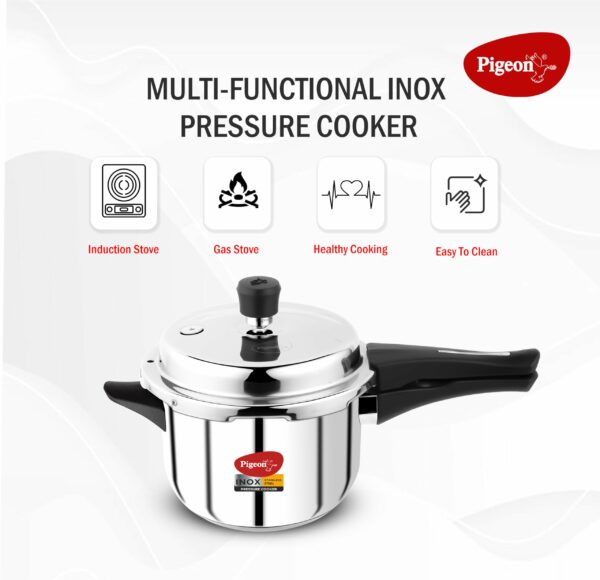 Pigeon by Stovekraft Inox Stainless Steel Pressure Cooker with Outer Lid, Compatible for Gas Stove and Induction, 3 Litre, Silver