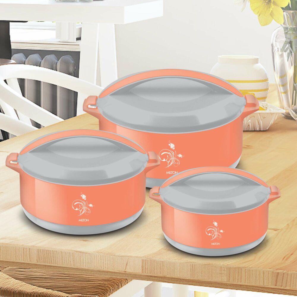 Milton Divine Jr. Inner Stainless Steel Serving Casserole Gift Set of 3 (430 ml, 830 ml, 1400 ml), PU Insulated Kitchen Hot Pot, Keeps Food hot & Fresh for Roti, Biryani, Orange - Image 4