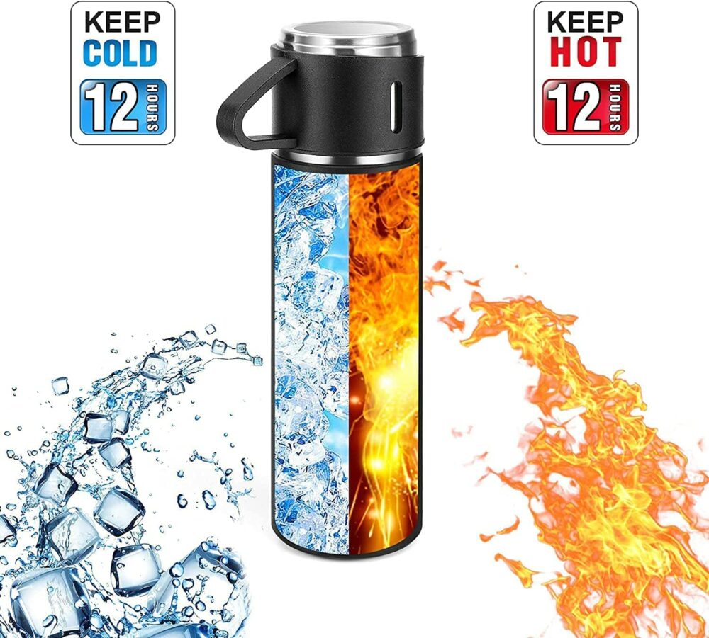 Sanskriti Exports Double Wall Stainless Steel Thermo 500ml Vacuum Insulated Bottle Water Flask Gift Set with Two Cups Hot & Cold (Multicolor) - Image 2