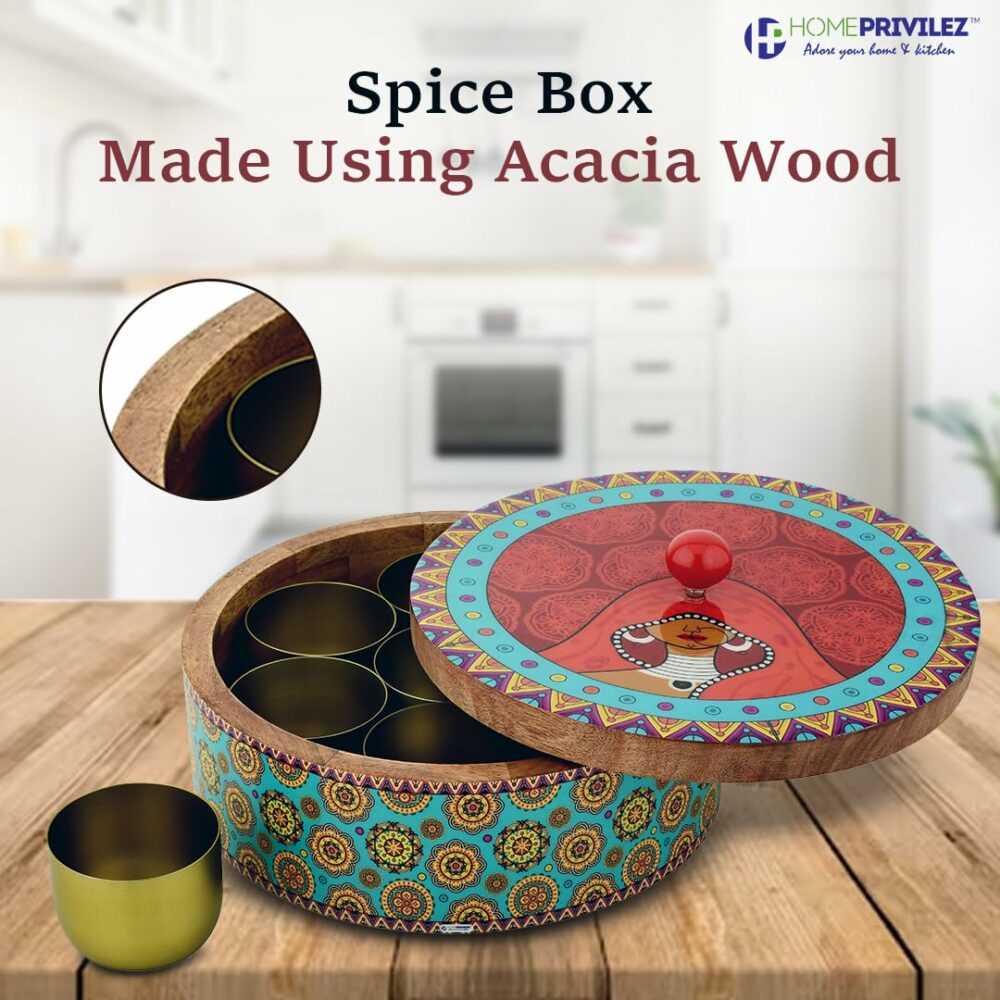 Sanskriti Exports Wooden Spice Box/Masala Dabba/Masala Dani Set for Kitchen with Printed Ethnic Design on Wood with Seven Gold Steel Spice Jars ? 8 Pcs set (9 inch Dia, Red) - Image 3