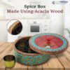 Sanskriti Exports Wooden Spice Box/Masala Dabba/Masala Dani Set for Kitchen with Printed Ethnic Design on Wood with Seven Gold Steel Spice Jars ? 8 Pcs set (9 inch Dia, Red)