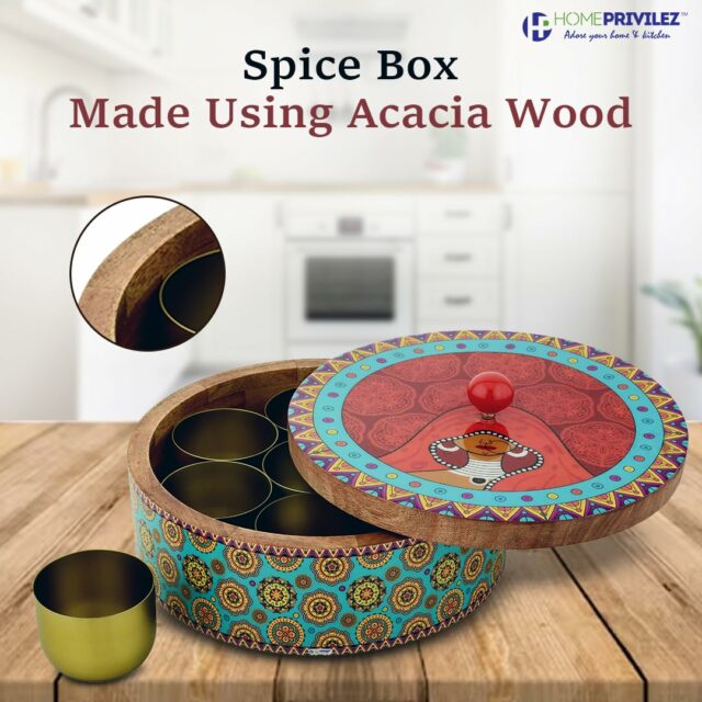Sanskriti Exports Wooden Spice Box/Masala Dabba/Masala Dani Set for Kitchen with Printed Ethnic Design on Wood with Seven Gold Steel Spice Jars ? 8 Pcs set (9 inch Dia, Red)
