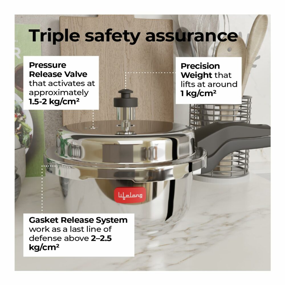 Lifelong Stainless Steel Pressure Cooker 2L | Induction & Gas Stove Compatible with Outer Lid, ISI Certified & Lock System |Safe & Durable Kitchen Essential with 5 Years Warranty (Silver) - Image 4