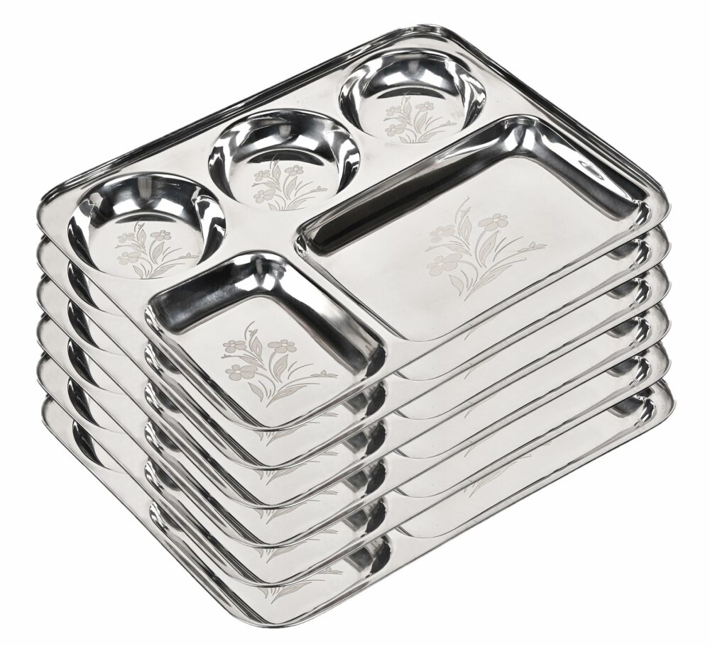 Sanskriti Exports Stainless Steel Laser Partition Plate 5 in1 / Bhojan Thali/Dinner Plate Set of 6