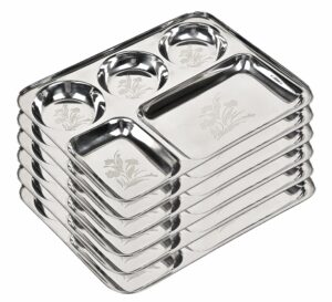 Sanskriti Exports Stainless Steel Laser Partition Plate 5 in1 / Bhojan Thali/Dinner Plate Set of 6