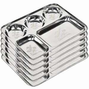 Sanskriti Exports Stainless Steel Laser Partition Plate 5 in1 / Bhojan Thali/Dinner Plate Set of 6