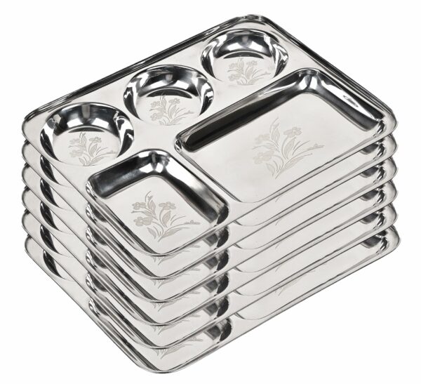 Sanskriti Exports Stainless Steel Laser Partition Plate 5 in1 / Bhojan Thali/Dinner Plate Set of 6