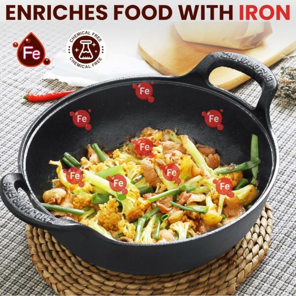 Sanskriti Exports Cast Iron Kadai with Lid/Pre Seasoned Iron Kadai with 2 Handles and Flat Base/Iron Kadhai for Cooking/Uncoated Wok for Electric Induction (with Glass Lid 27cm)