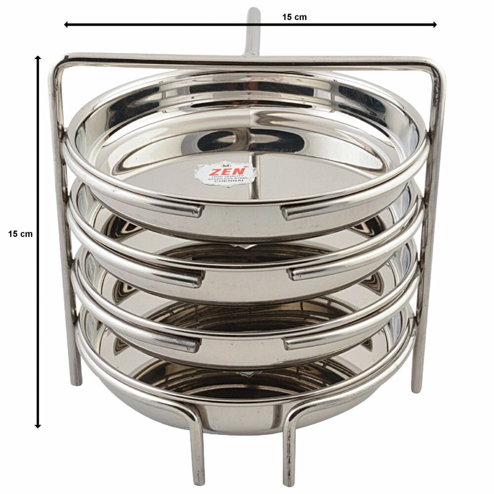 Sanskriti Exports Stainless Steel Thatte Idly Stand - 4 Plates | Thatte Idli Plate with Stand | Thattu/Plate/Dhokla | Idly/Dhokla Holders | Silver Color & Small Size With 4 Plates | Pack of 1 - Image 2