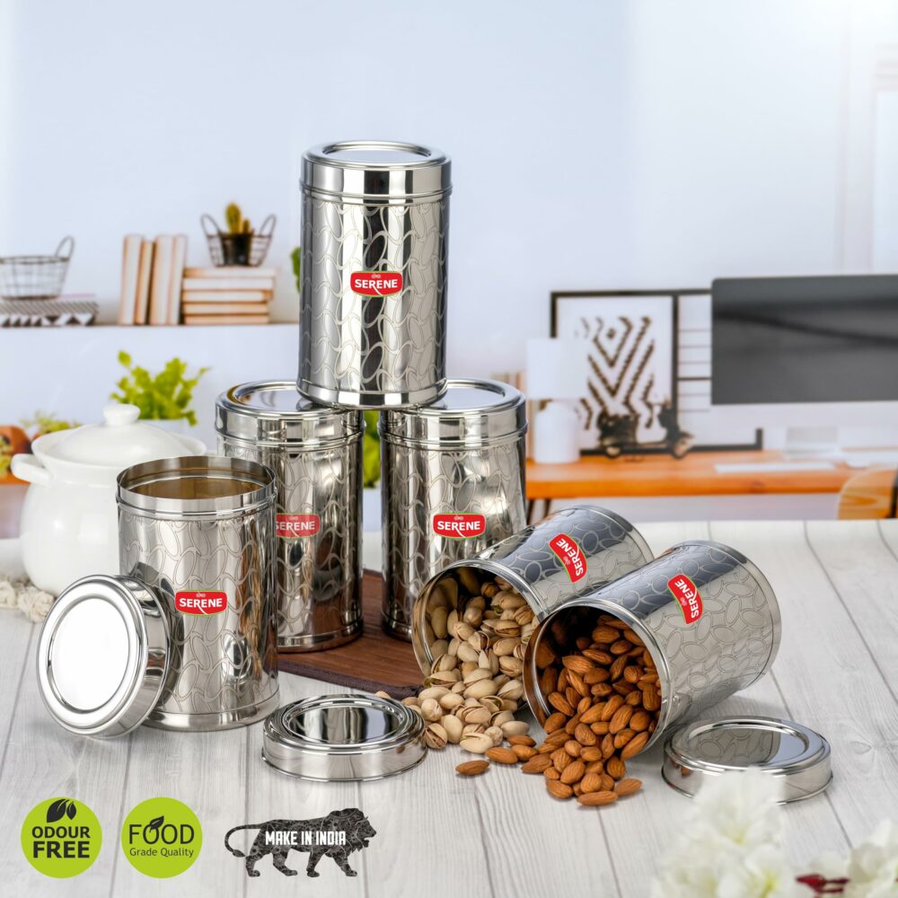 Sanskriti Exports Stainless Steel Storage Jars | Air Tight Steel Containers for Kitchen | Ideal for Storing Grains | Perfect for Daily Use | Easy to Clean | Set of 6 | Steel Jars & Dabba | 1150 ML Each - Image 2