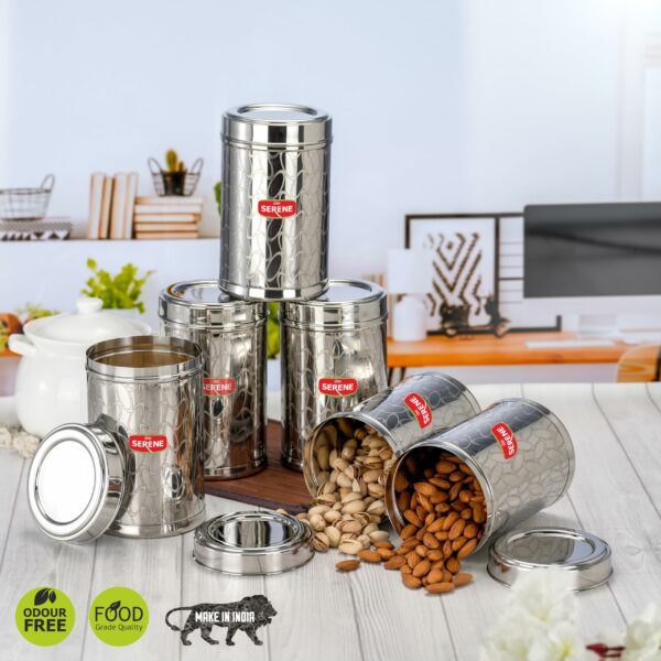 Sanskriti Exports Stainless Steel Storage Jars | Air Tight Steel Containers for Kitchen | Ideal for Storing Grains | Perfect for Daily Use | Easy to Clean | Set of 6 | Steel Jars & Dabba | 1150 ML Each - Image 2