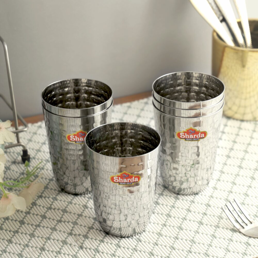 Sanskriti Exports Stainless Steel Hammered Glass Set of 6 for Water, Juice, Soft Drinks, Lassi, Chaass & Beverages, Mathar Tumbler, Food Grade Serving Glasses - 300 ml Each - Image 2