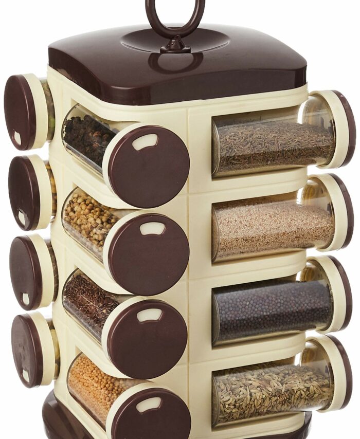 Sanskriti Exports - Plastic Revolving Spice Rack Set of 16 Pieces, (Dark Brown, Standard Size)